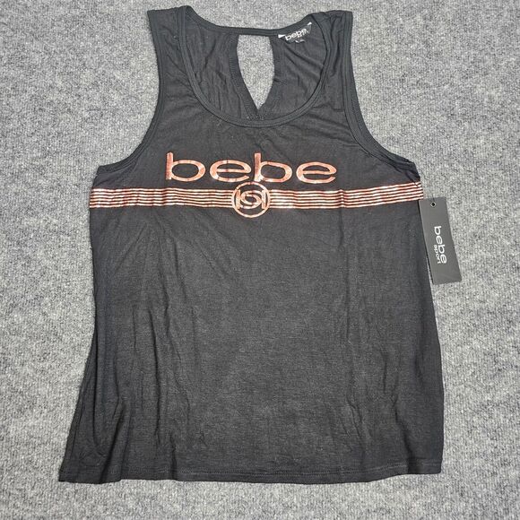 BEBE Tank Womens X-Large Black Metallic Foil Front Logo Super Soft Knit Top NWT - Picture 1 of 7